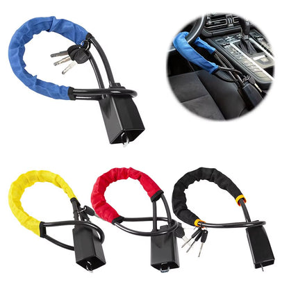Car Steering Wheel Lock with Seat Belt Socket Steel Rope Universal Anti-Theft Locking Car Lock System