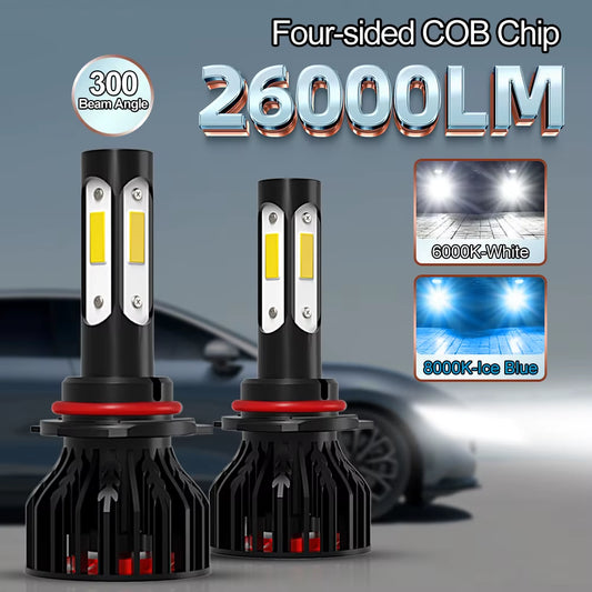 2Pcs New 4 Sides 9005/HB3 9006/HB4 H4 H7 H11 H13 9004 9007 Car LED Bulbs 6000K White 8000K Ice Blue 26000LM 360 Beam Angle