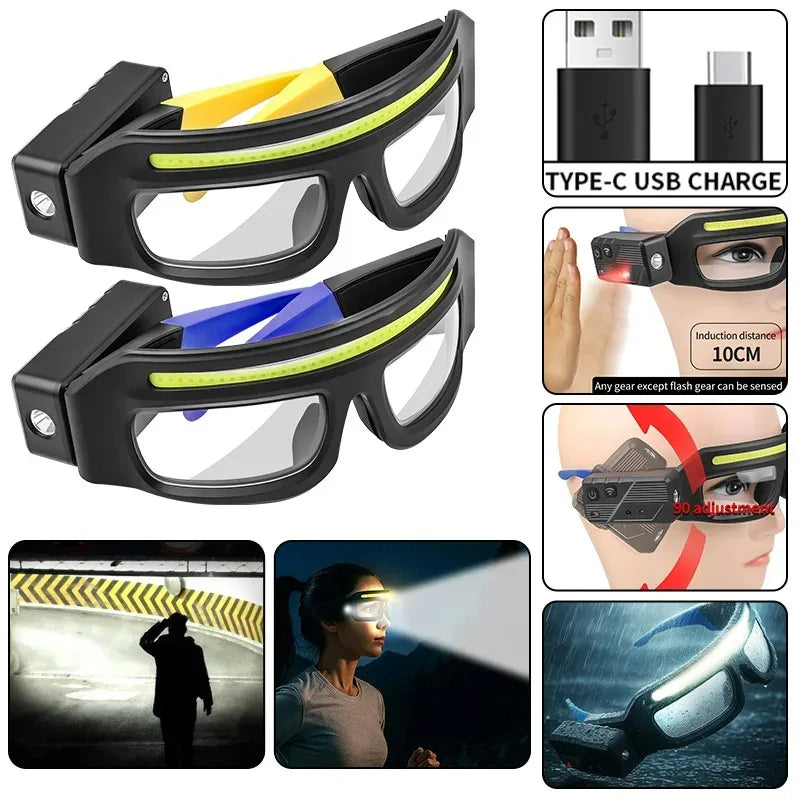 Rechargeable LED Glasses Headlight Glasses with Motion Sensor Touch Control 5 Modes TYPE-C Glasses for Running Camping Cycling