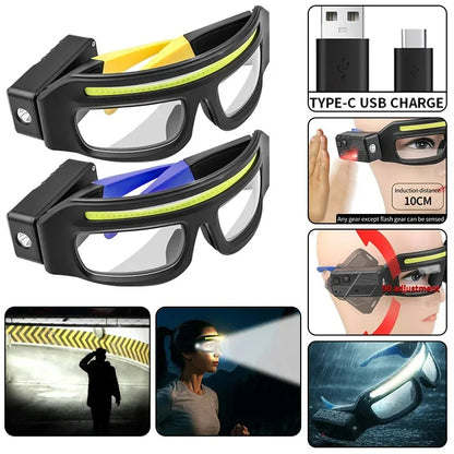 Rechargeable LED Glasses Headlight Glasses with Motion Sensor Touch Control 5 Modes TYPE-C Glasses for Running Camping Cycling