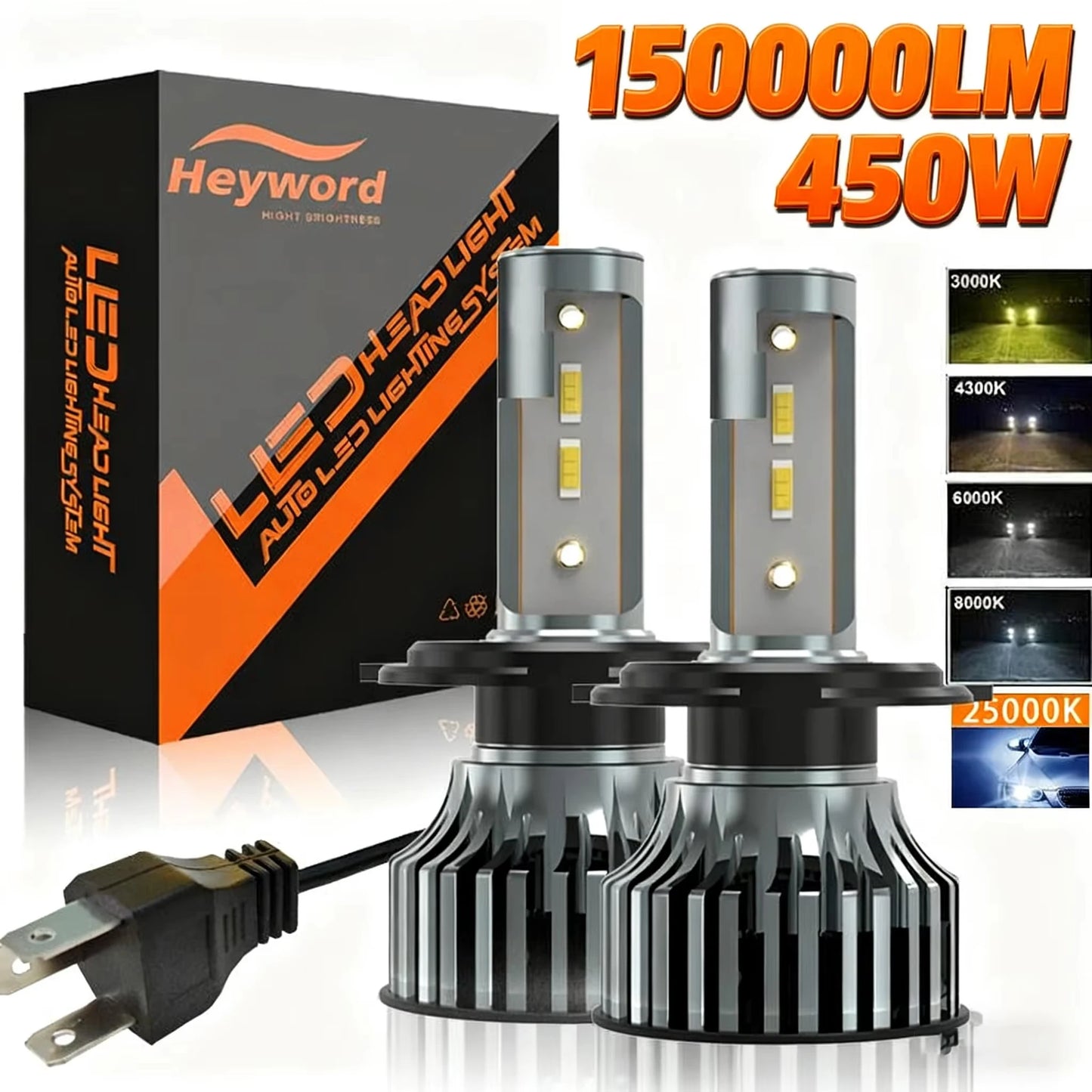 Heyword 150000Lm 450W 1860 CSP Chip 3000K/4300K/6000K/8000K Car LED Headlight H4 H7 H1 LED Headlights 9005 H7 H11 Led Light