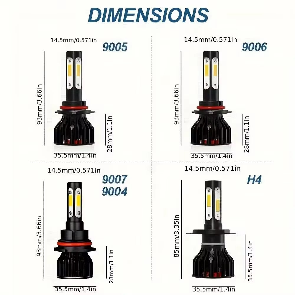 2Pcs New 4 Sides 9005/HB3 9006/HB4 H4 H7 H11 H13 9004 9007 Car LED Bulbs 6000K White 8000K Ice Blue 26000LM 360 Beam Angle