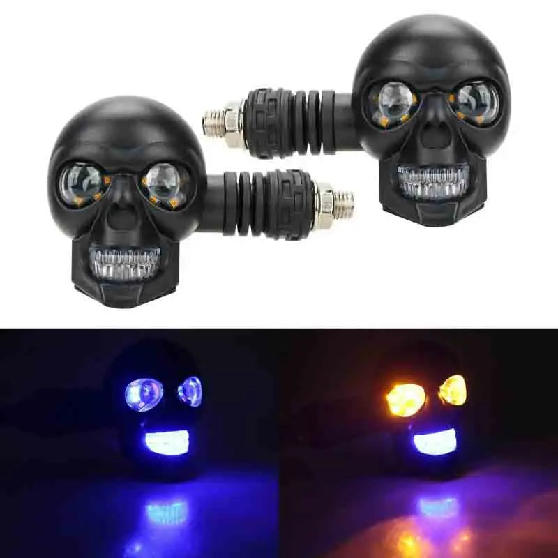 Motorcycle LED Dual Color Skull Fog Lights Auxiliary Headlights Waterproof Flasher Front Rear Turn Signal Indicator Lights