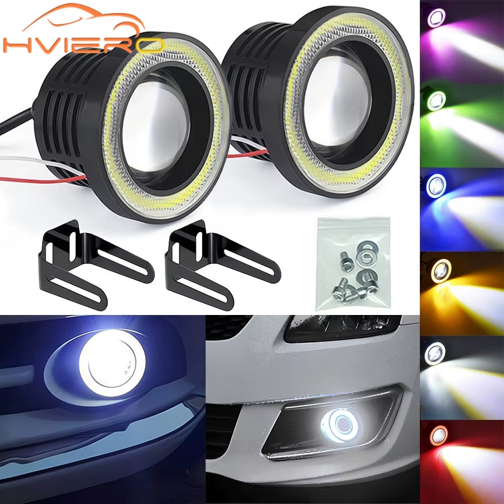 2Pcs Auto 30W Car Driving DRL Fog Lights COB Angel Eye 64/76/89Mm Ambient Lamps Waterproof Daytime Running Bulb Headlight DC 12V