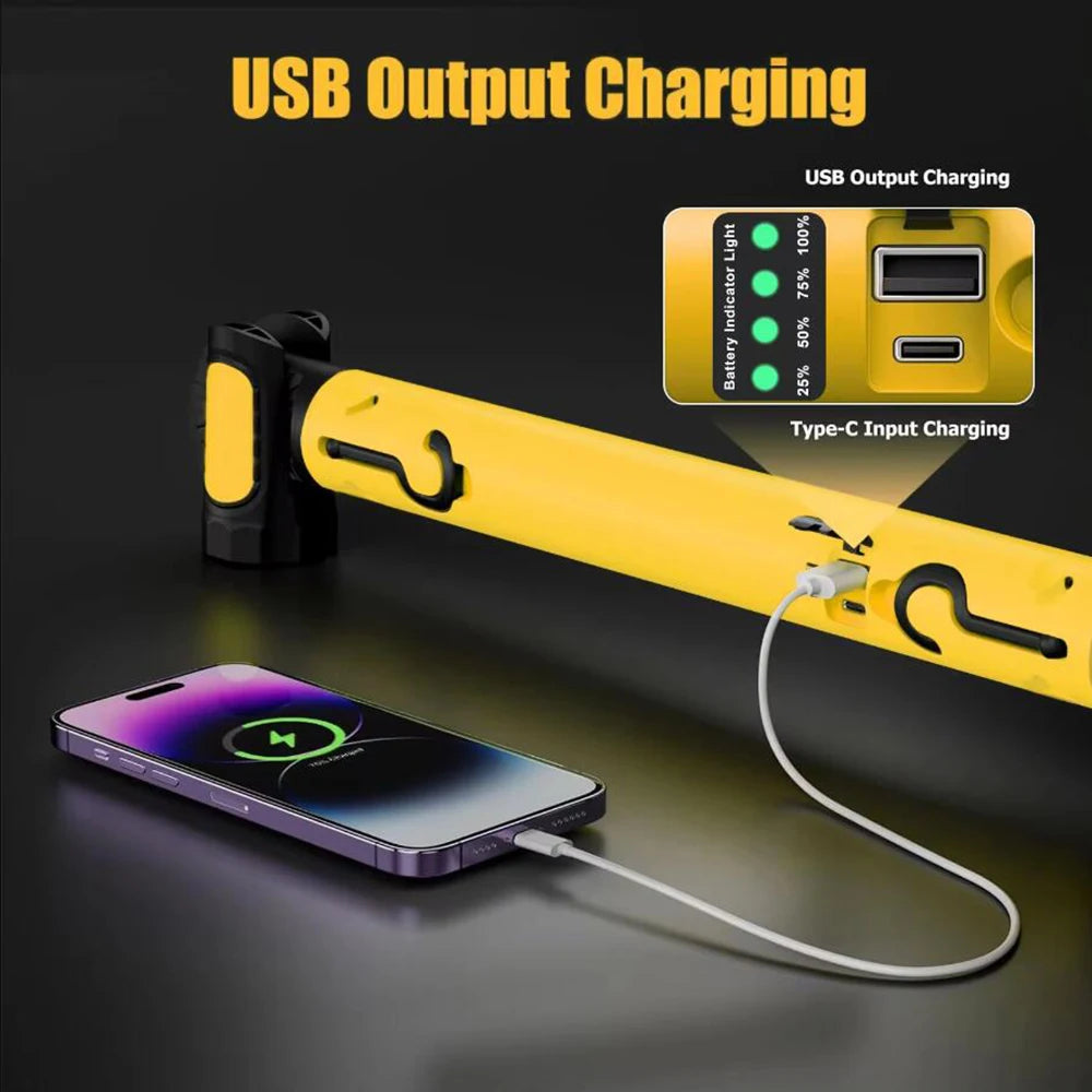 5200Mah Super Bright Work Light Rechargeable Magnetic Work Light with Hooks & Rotating Magnetic Base for Car Repairing Emergency