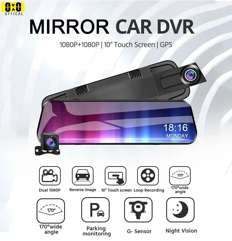 10" Dual 1080P DVR Camera Rearview Mirror | Front and Rear Recording