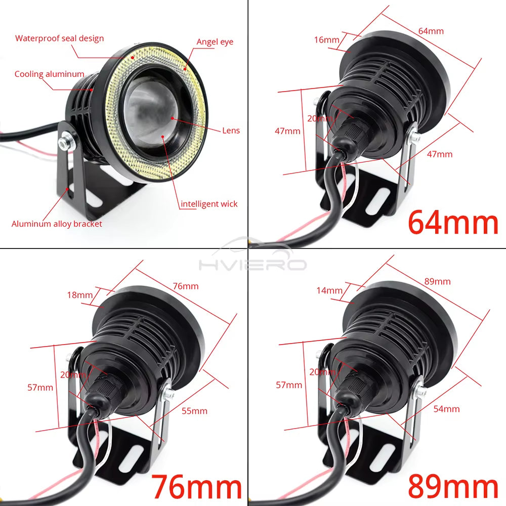 2Pcs Auto 30W Car Driving DRL Fog Lights COB Angel Eye 64/76/89Mm Ambient Lamps Waterproof Daytime Running Bulb Headlight DC 12V
