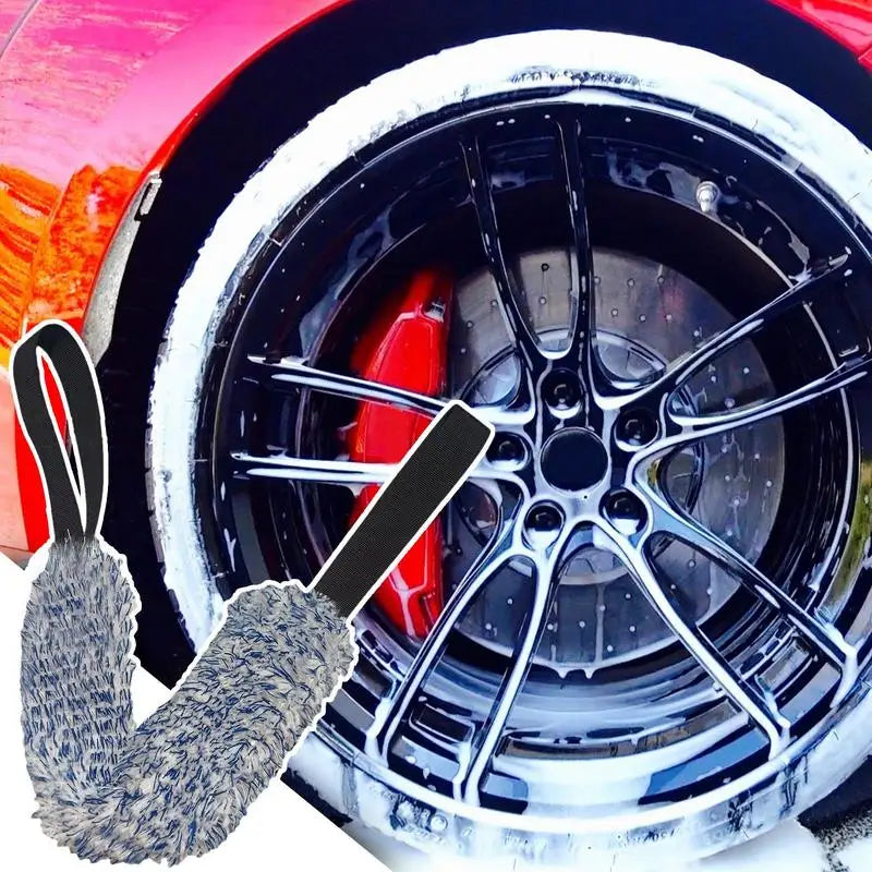 Car Wheel Wash Towel Brush Double-Sided Long Belt Cleaning Towel Microfiber Coral Plush Wheel Pull Belt Brush Hub Detail Towel
