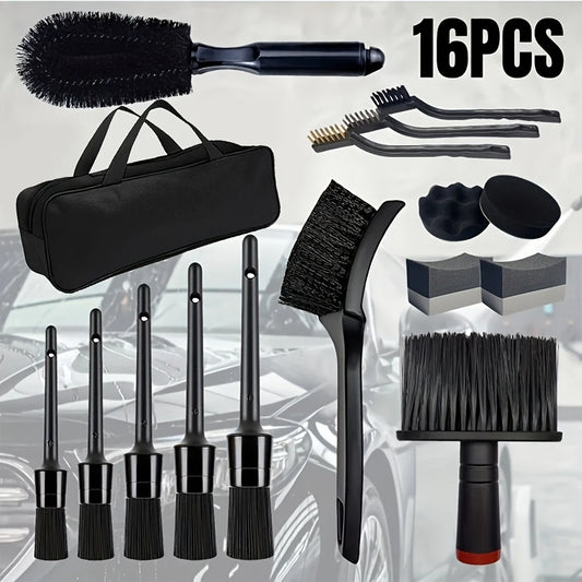 16Pcs Car Washing Brush Tool Kit with Storage Bag, Wheel Brush, Cleaning Brushes, Steel Brushes for Auto Exterior & Hub Cleaning