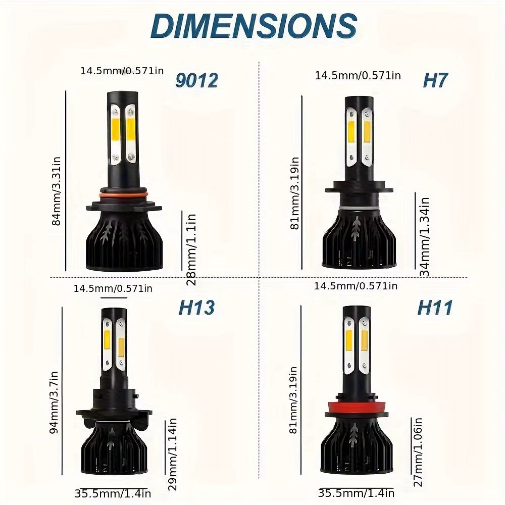 2Pcs New 4 Sides 9005/HB3 9006/HB4 H4 H7 H11 H13 9004 9007 Car LED Bulbs 6000K White 8000K Ice Blue 26000LM 360 Beam Angle