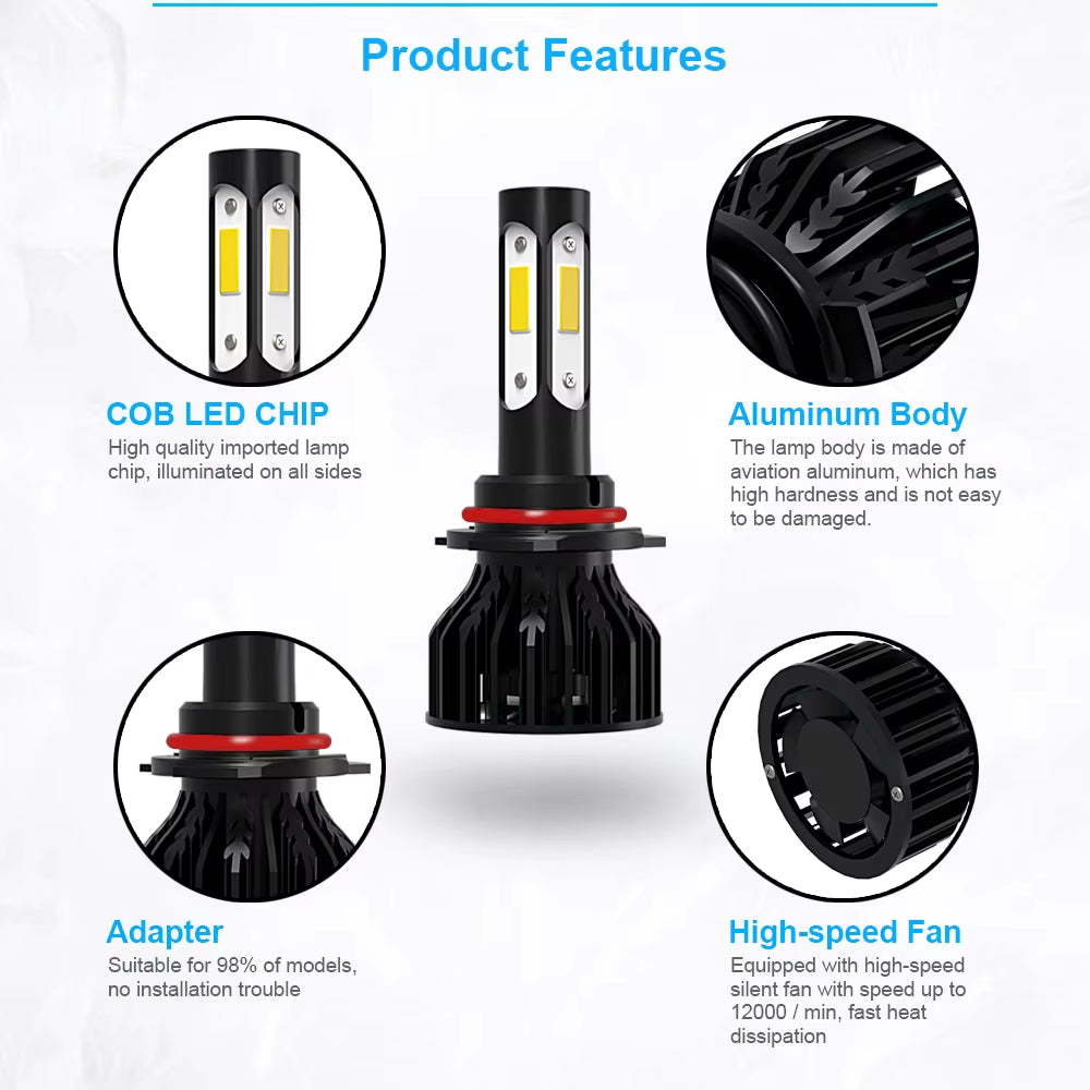 2Pcs New 4 Sides 9005/HB3 9006/HB4 H4 H7 H11 H13 9004 9007 Car LED Bulbs 6000K White 8000K Ice Blue 26000LM 360 Beam Angle