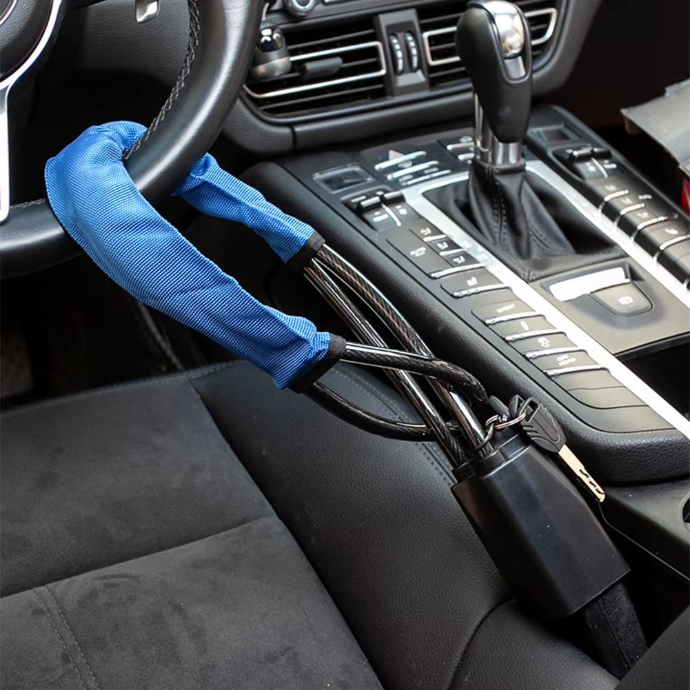 Car Steering Wheel Lock with Seat Belt Socket Steel Rope Universal Anti-Theft Locking Car Lock System