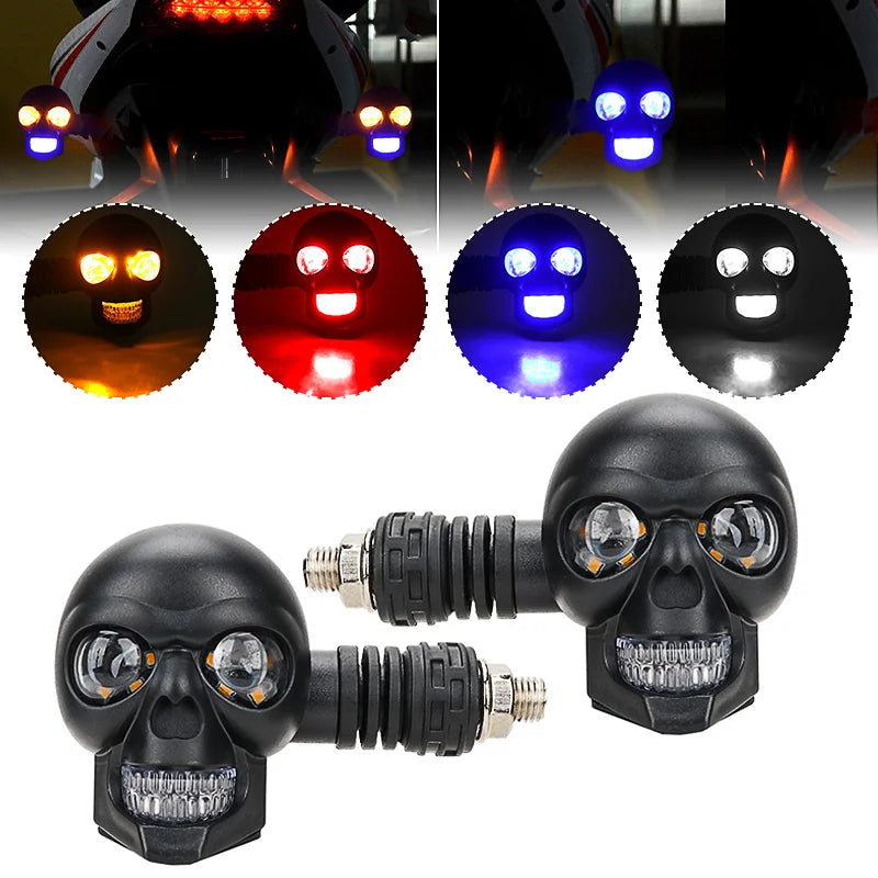 Motorcycle LED Dual Color Skull Fog Lights Auxiliary Headlights Waterproof Flasher Front Rear Turn Signal Indicator Lights